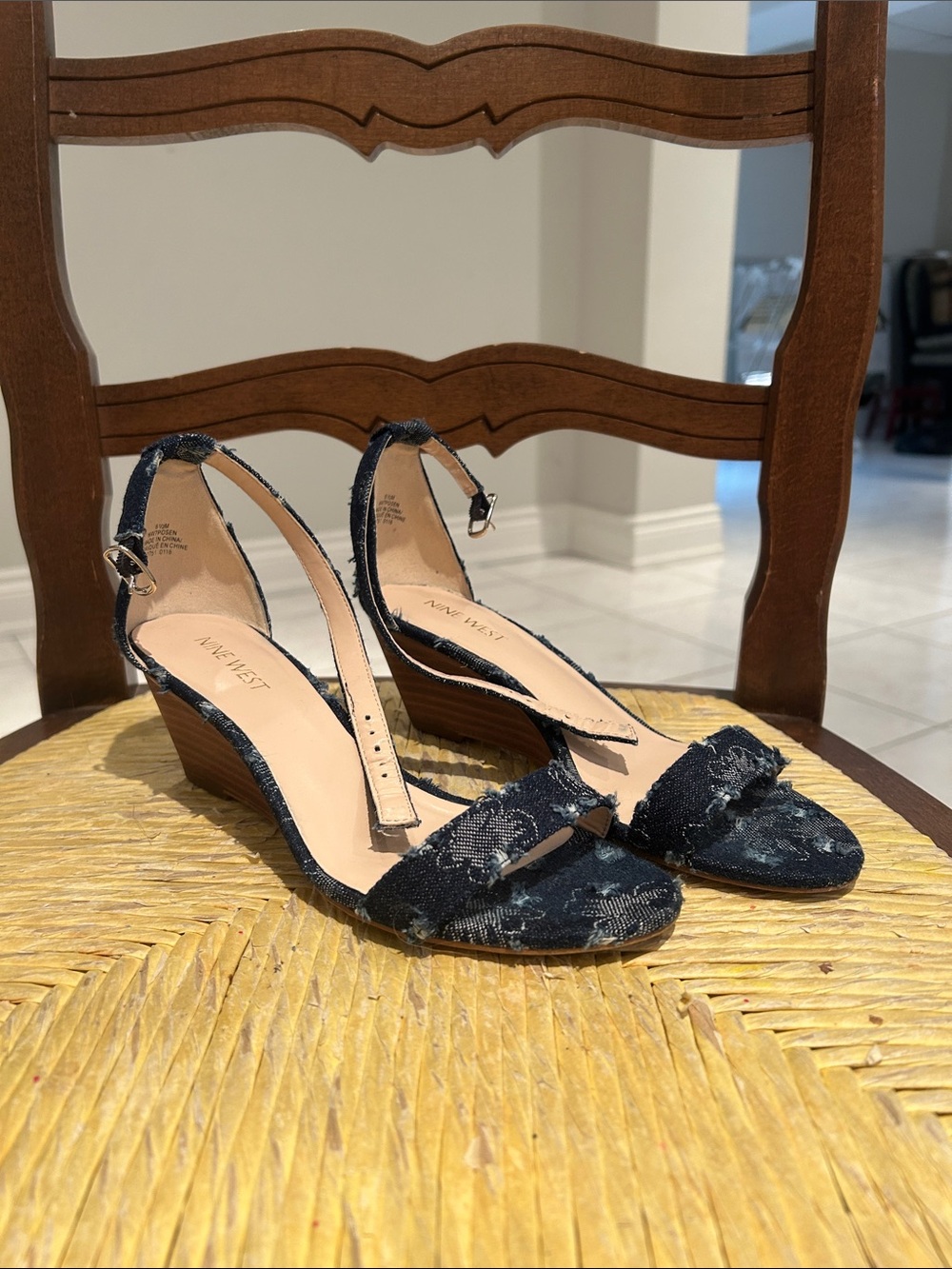 Nine West Navy Distressed Denim Slingback Wedges